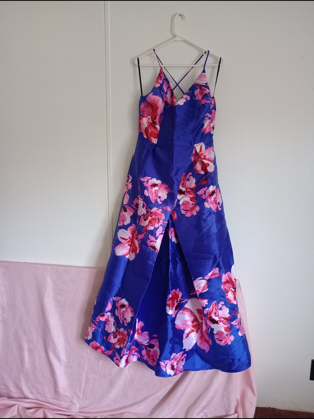 by & by Royal Blue Floral Prom Dress with Pink Accents Sz 15